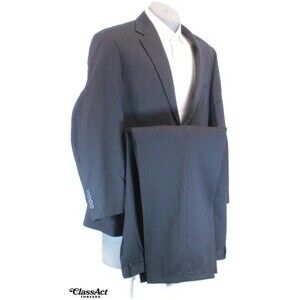 Stafford 2 Piece Suit Mens Wool Black Striped 2 Btn 44S Flat Fronts 40" Waist